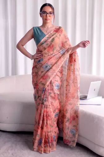Women's kota doria floral printed saree with unstitched blouse piece
