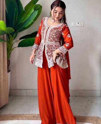Designer georgette peplum top palazzo set with embroidered dupatta 1