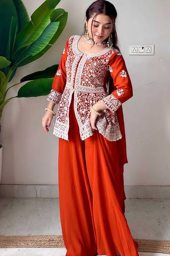 Designer georgette peplum top plazzo set with embroidered dupatta