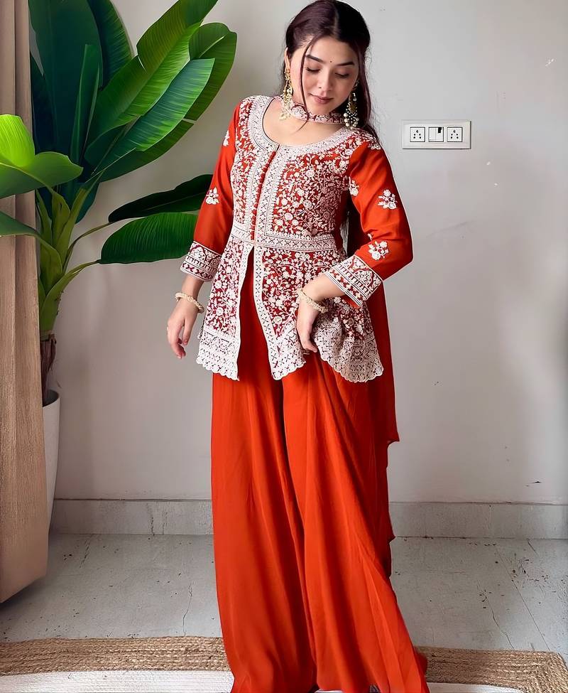 Designer georgette peplum top plazzo set with embroidered dupatta