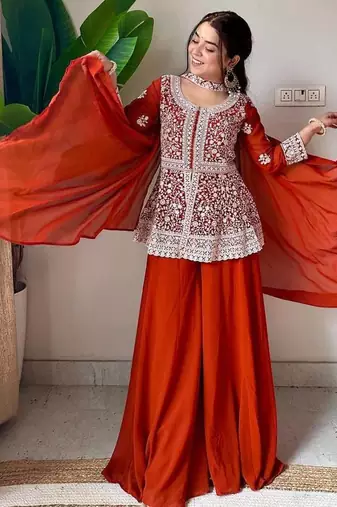 Designer georgette peplum top plazzo set with embroidered dupatta