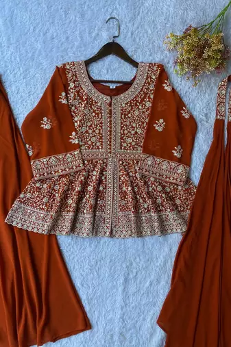 Designer georgette peplum top plazzo set with embroidered dupatta