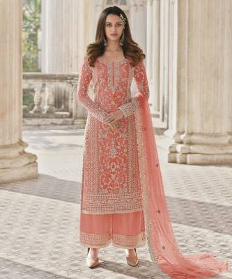 Peach net embroidered sequin salwar suit 1