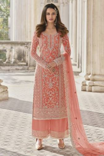 Peach net embroidered sequin salwar suit