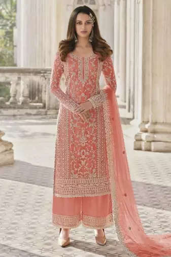 Peach net embroidered sequin salwar suit
