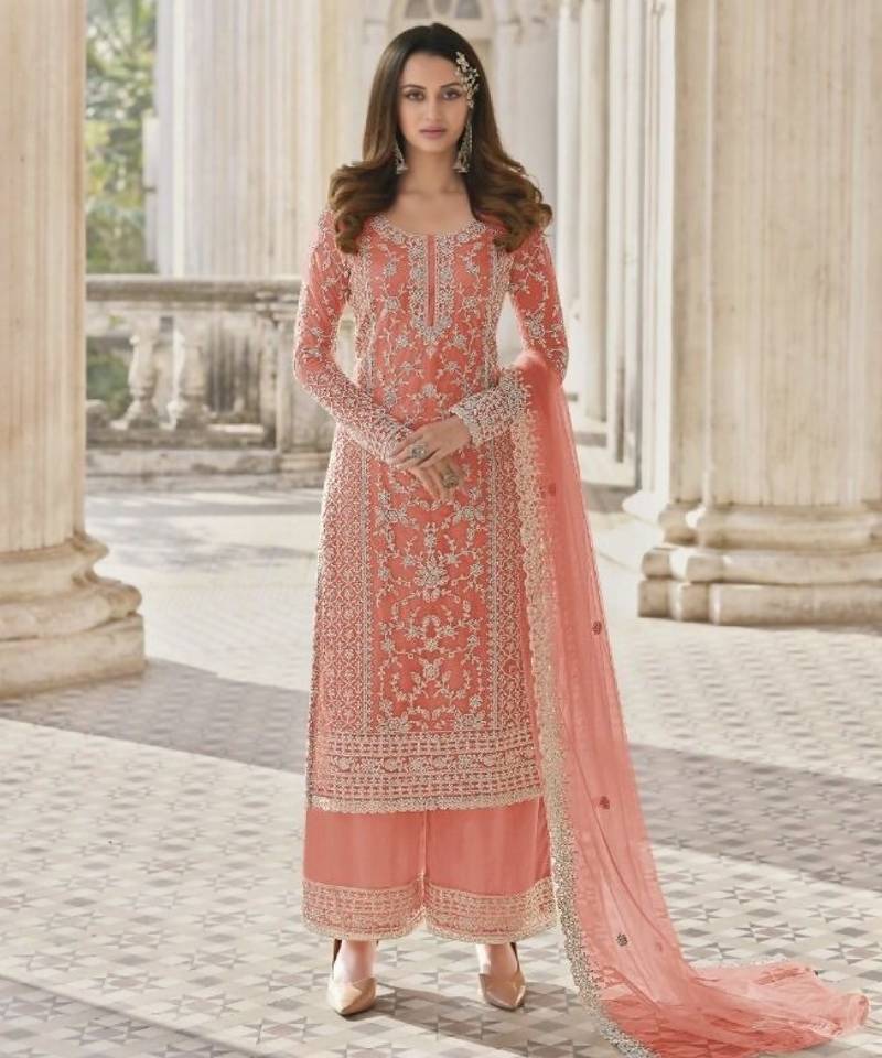 Peach net embroidered sequin salwar suit