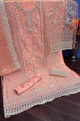 Peach net embroidered sequin salwar suit