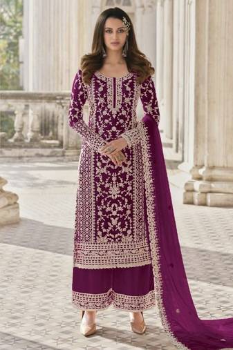Purple net suit with coding and embroidery 