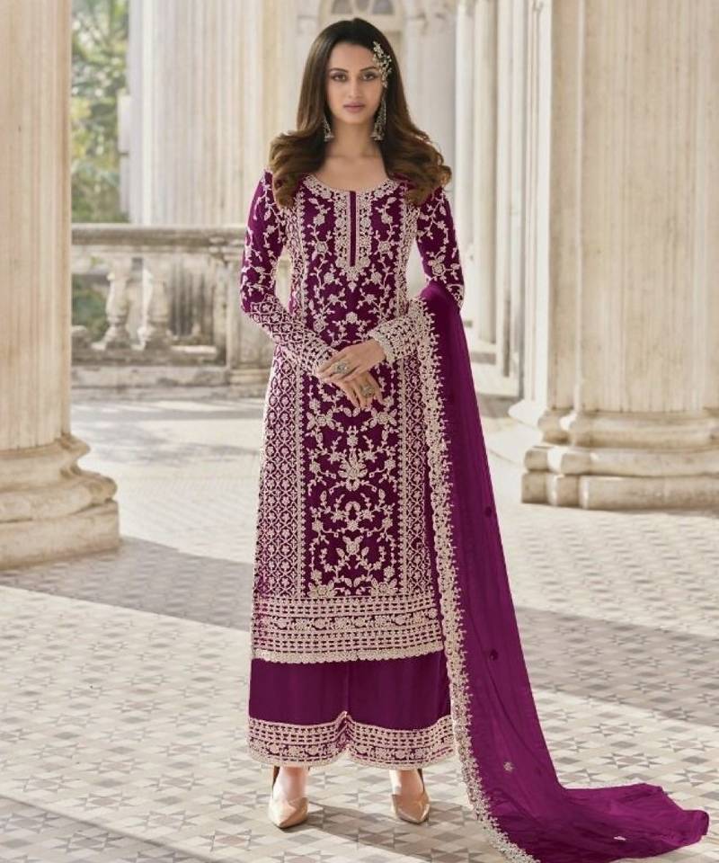 Purple net suit with coding and embroidery 