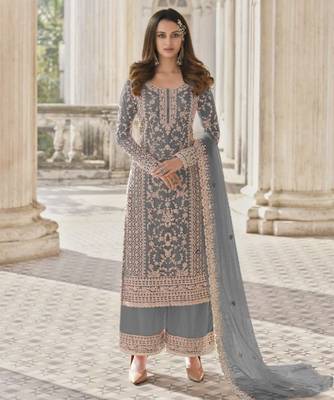 Grey net embroidered sequin salwar suit 1