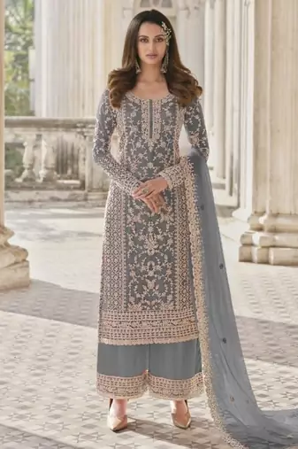 Grey net embroidered sequin salwar suit