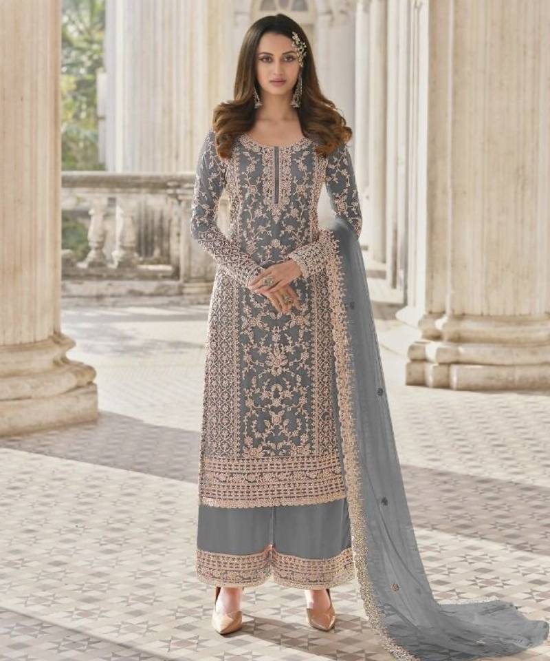 Grey net embroidered sequin salwar suit