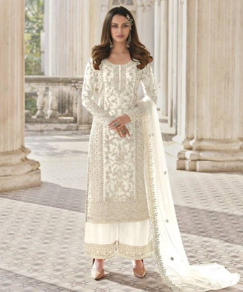 White net embroidered sequin salwar suit