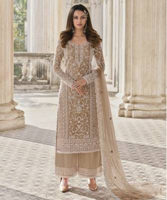 Cream net embroidered sequin salwar suit 1