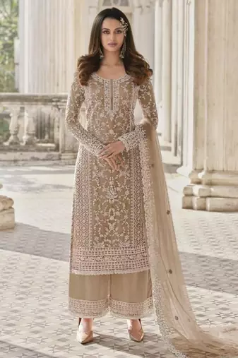 Cream net embroidered sequin salwar suit