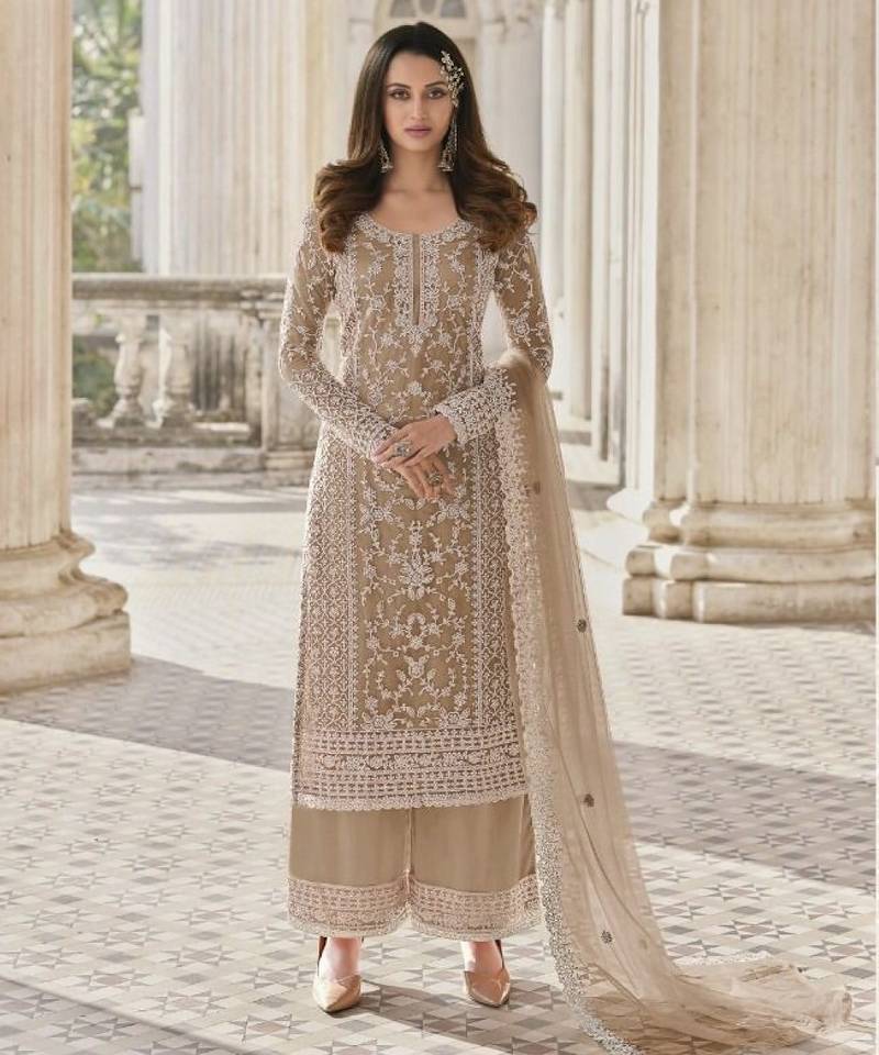 Cream net embroidered sequin salwar suit