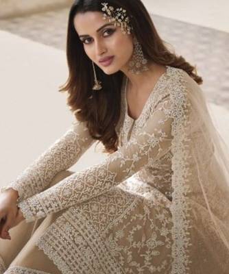 Cream net embroidered sequin salwar suit 2