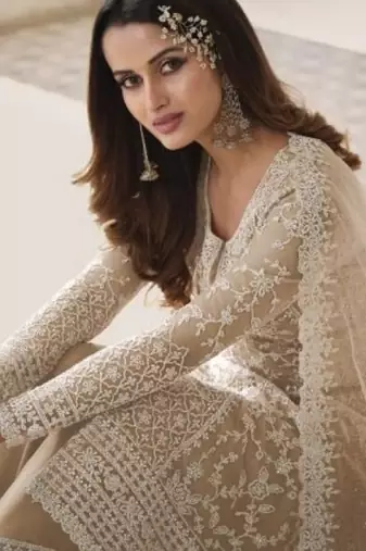 Cream net embroidered sequin salwar suit