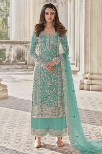 Blue net embroidered sequin salwar suit