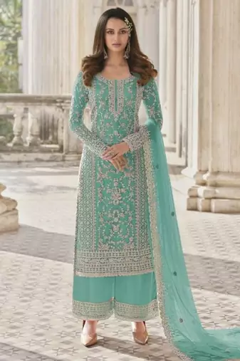 Blue net embroidered sequin salwar suit