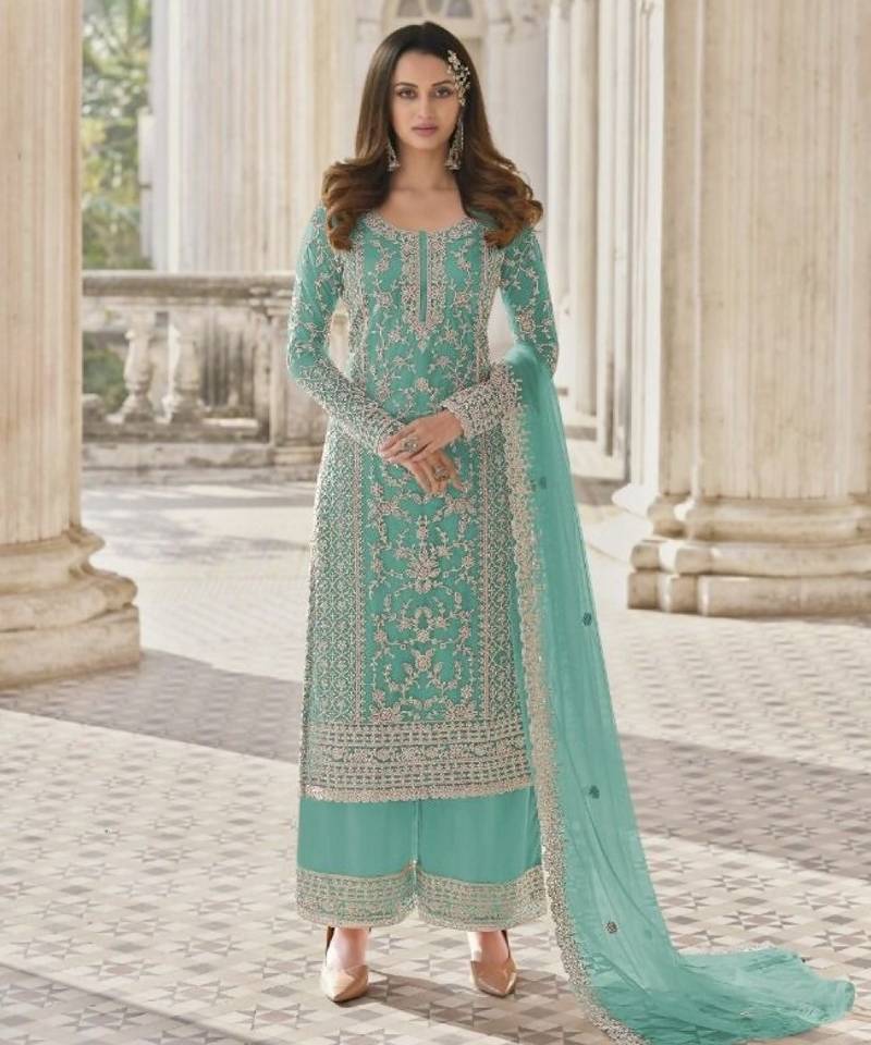 Blue net embroidered sequin salwar suit