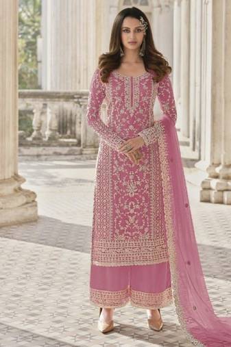 Pink net embroidered sequin salwar suit