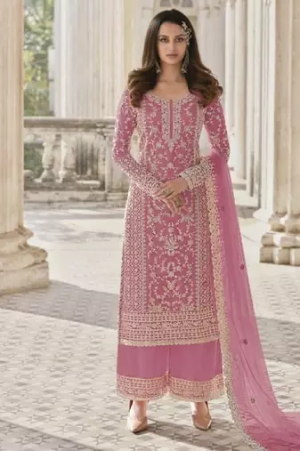 Pink net embroidered sequin salwar suit