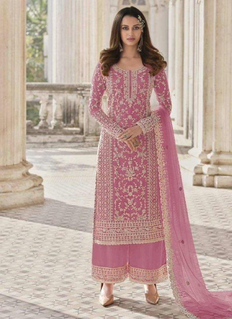 Pink net embroidered sequin salwar suit