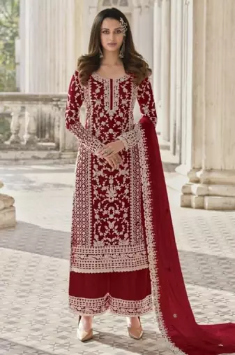 Red net embroidered sequin salwar suit