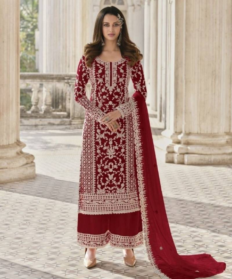 Red net embroidered sequin salwar suit