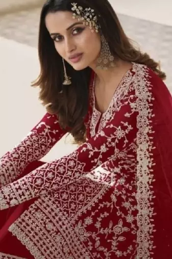 Red net embroidered sequin salwar suit