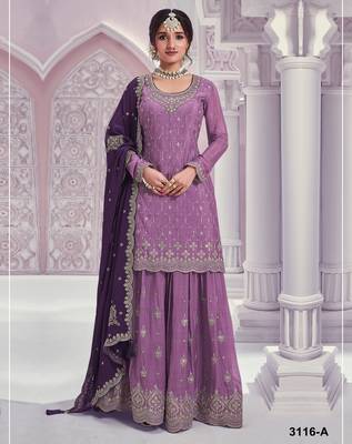 Pink embroidered chinon palazzo suit 1