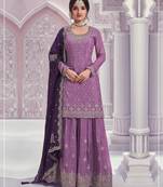 Pink embroideried chinon semi stitched palazzo suit