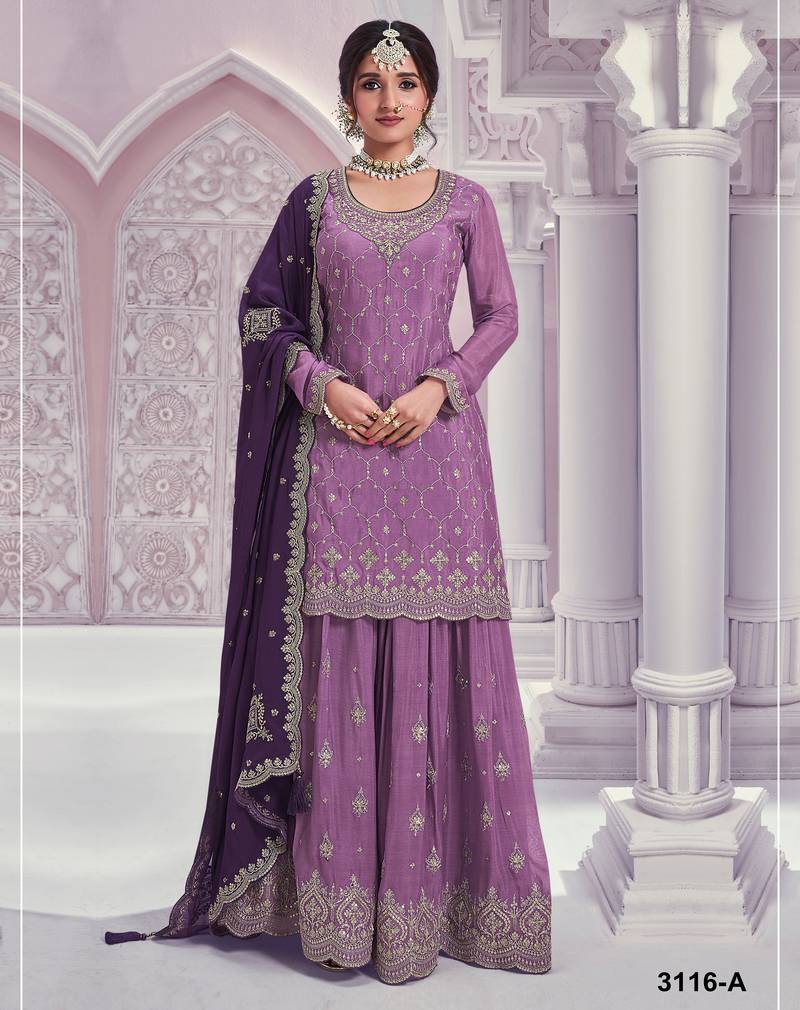 Pink embroideried chinon semi stitched palazzo suit