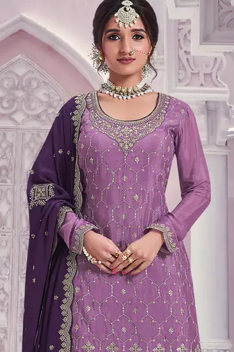 Pink embroidered chinon palazzo suit