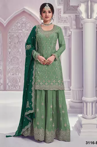 Pista embroideried chinon semi stitched palazzo suit
