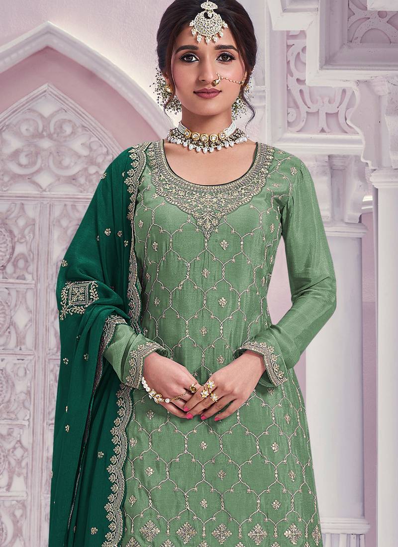 Pista embroideried chinon semi stitched palazzo suit