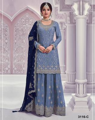 Sky embroidered chinon palazzo suit 1