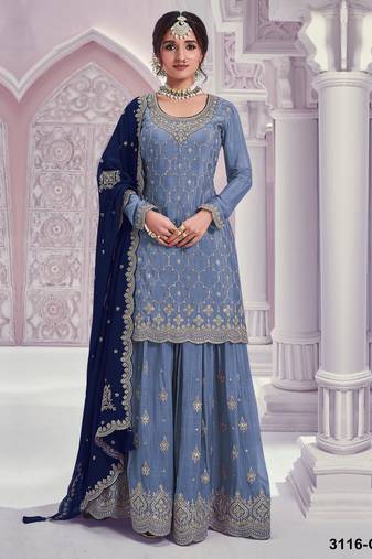 Sky embroidered chinon palazzo suit