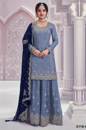 Sky embroideried chinon semi stitched palazzo suit