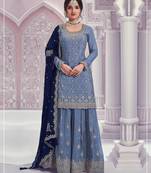 Sky embroidered chinon palazzo suit