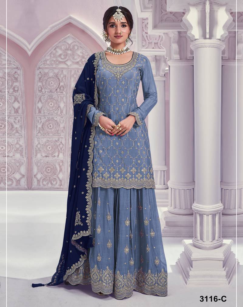 Sky embroideried chinon semi stitched palazzo suit