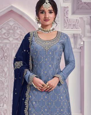 Sky embroidered chinon palazzo suit 2