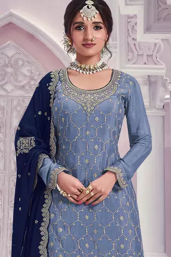 Sky embroidered chinon palazzo suit