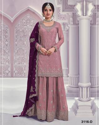Peach embroidered chinon palazzo suit 1