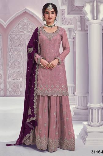 Peach embroidered chinon palazzo suit