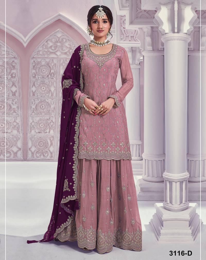 Peach embroideried chinon semi stitched palazzo suit