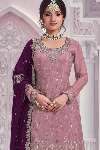 Peach embroidered chinon palazzo suit
