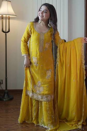 Elegant fox georgette embroidered gharara suit set with dupatta
