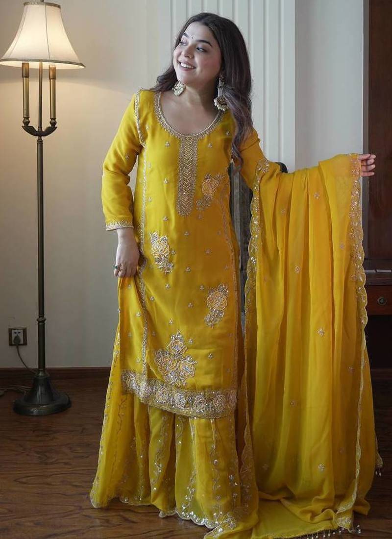 Elegant fox georgette embroidered gharara suit set with dupatta